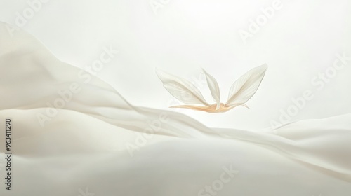 Delicate White Leaf Formation Suspended Above Flowing Fabric