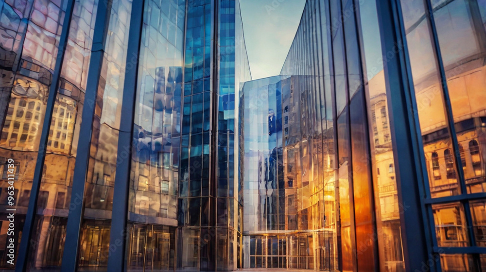 Fototapeta premium High-rise building bathed in warm, golden sunset light, creating a striking contrast with the evening sky—an architectural marvel against a serene landscape backdrop.