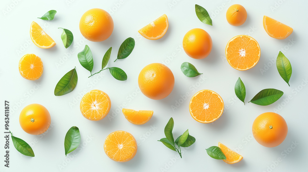 Fresh Oranges with Leaves on White Background. Fresh Oranges with Leaves on White Background.