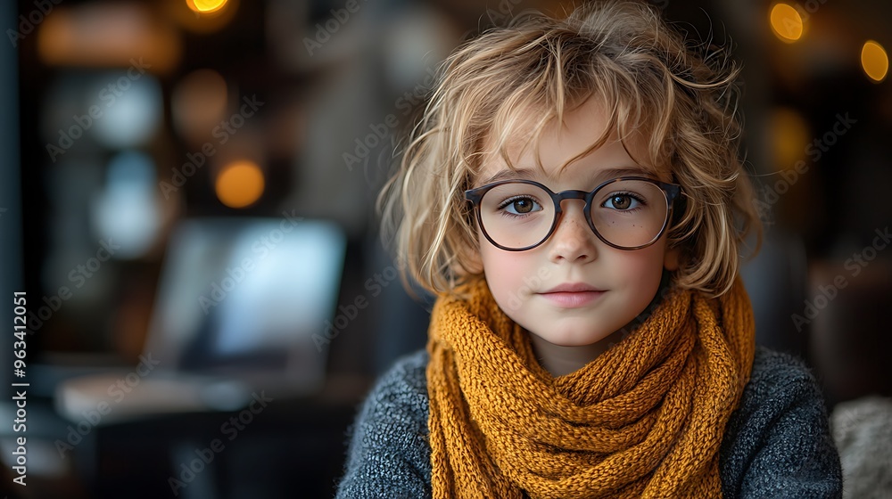 Portrait of a young boy with blonde hair wearing glasses and a knitted scarf looking at the camera. Portrait of a young boy with blonde hair wearing glasses and a knitted scarf looking at the camera.