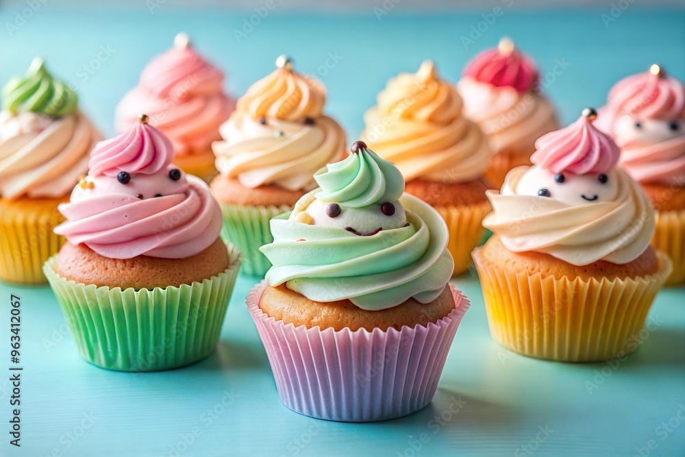 Colorful smiling cupcakes with frosting and cute faces in pastel setting Colorful smiling cupcakes with frosting and cute faces in pastel setting