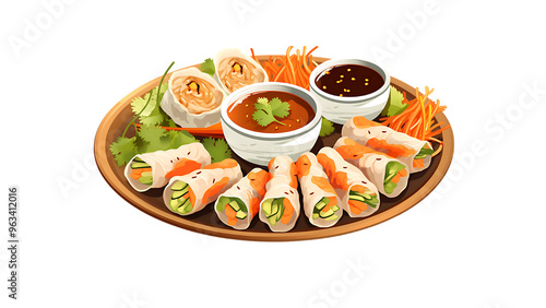 A tray of Vietnamese spring rolls with shrimp, herbs, and peanut dipping sauce transparent background