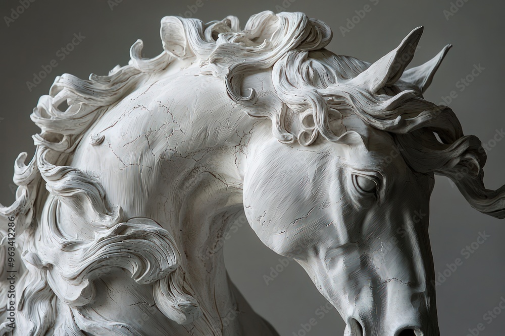 A detailed sculpture of a horse's head and neck, showcasing intricate craftsmanship and the majestic beauty of the animal. A detailed sculpture of a horse's head and neck, showcasing intricate craftsmanship and the majestic beauty of the animal.