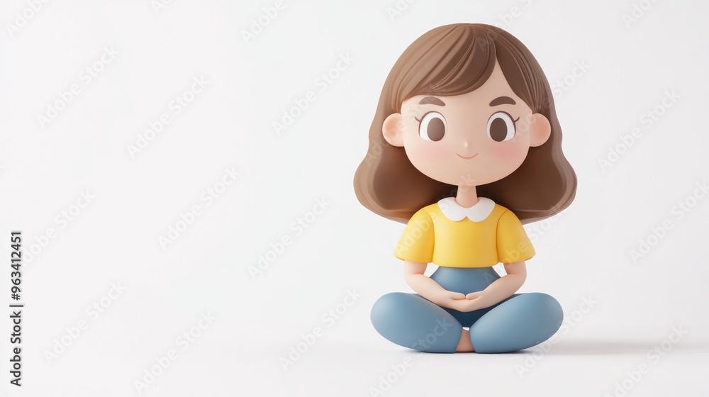 A cartoon girl sits cross-legged, smiling, promoting a sense of calm and mindfulness. A cartoon girl sits cross-legged, smiling, promoting a sense of calm and mindfulness.