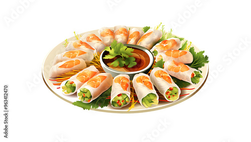 A tray of Vietnamese spring rolls with shrimp, herbs, and peanut dipping sauce transparent background