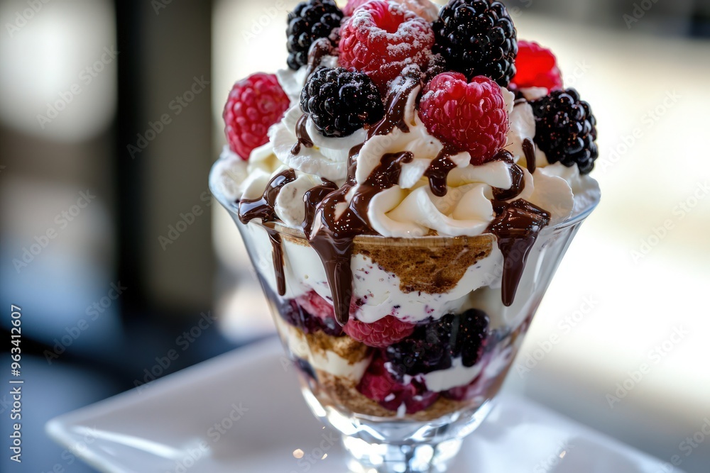 A decadent dessert sundae, layered with whipped cream, drizzled with chocolate syrup, and topped with an assortment of fresh raspberries and blackberries, tempting the taste buds. A decadent dessert sundae, layered with whipped cream, drizzled with chocolate syrup, and topped with an assortment of fresh raspberries and blackberries, tempting the taste buds.
