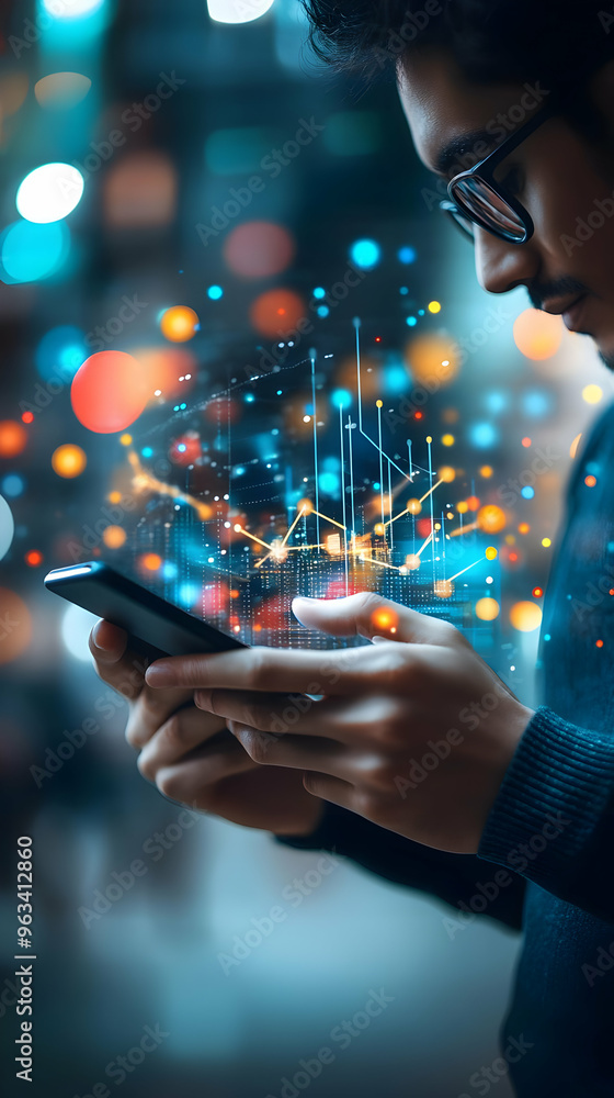 Digital Business Data Analytics Illustration - Man Analyzing Charts and Graphs on Smartphone Digital Business Data Analytics Illustration - Man Analyzing Charts and Graphs on Smartphone