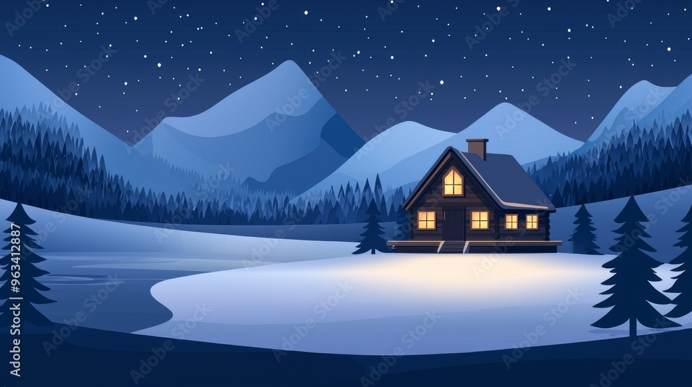Fototapeta premium A cozy cabin surrounded by snowy mountains under a starry night sky, creating a serene winter landscape for peaceful retreats.