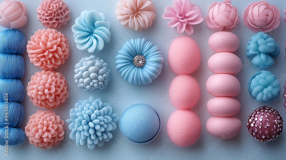 Close-up of an arrangement of handmade colorful polymer clay flowers and beads. Close-up of an arrangement of handmade colorful polymer clay flowers and beads.