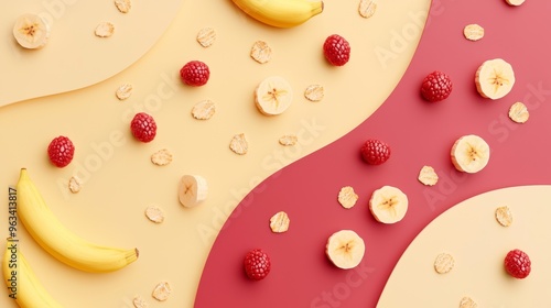 Vibrant and colorful arrangement of sliced bananas and raspberries is laying on a two toned background with oat flakes, creating an eye catching flat lay composition