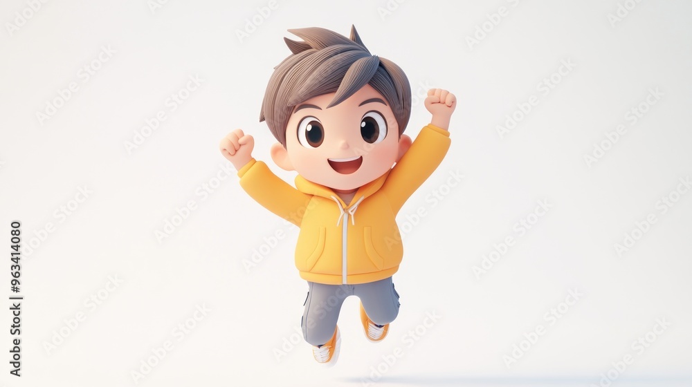 A cheerful animated boy in a yellow hoodie jumps with excitement. A cheerful animated boy in a yellow hoodie jumps with excitement.