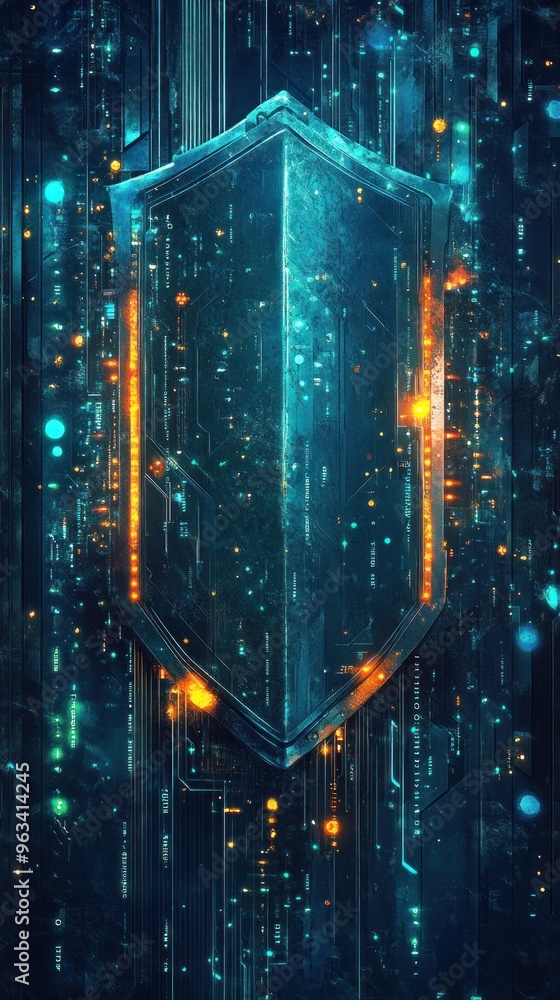 Futuristic Metallic Shield with Neon Lights and Circuitry Futuristic Metallic Shield with Neon Lights and Circuitry