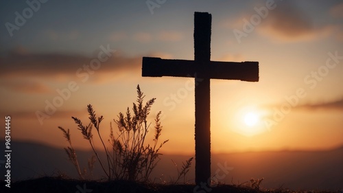 Stunning Silhouette of a Cross at Dawn A Hopeful and Landscape. photo