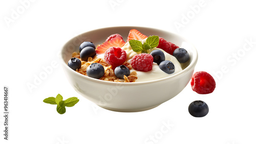 A bowl of creamy Greek yogurt topped with honey and mixed berries 