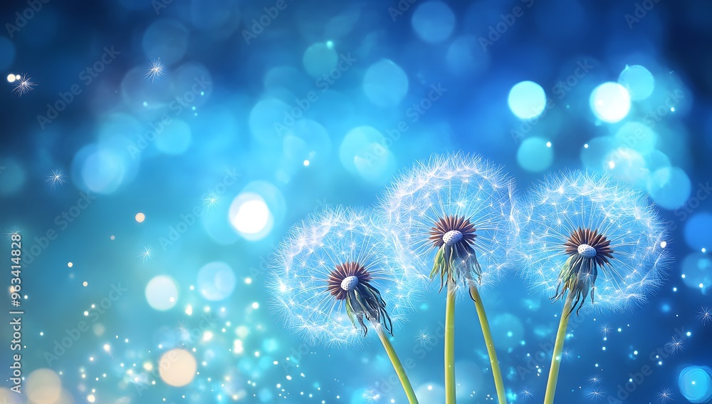 Close-up of three dandelions against a mystical blue bokeh background, evoking dreams and nature's beauty. Perfect for concepts of tranquility and imagination. Close-up of three dandelions against a mystical blue bokeh background, evoking dreams and nature's beauty. Perfect for concepts of tranquility and imagination.