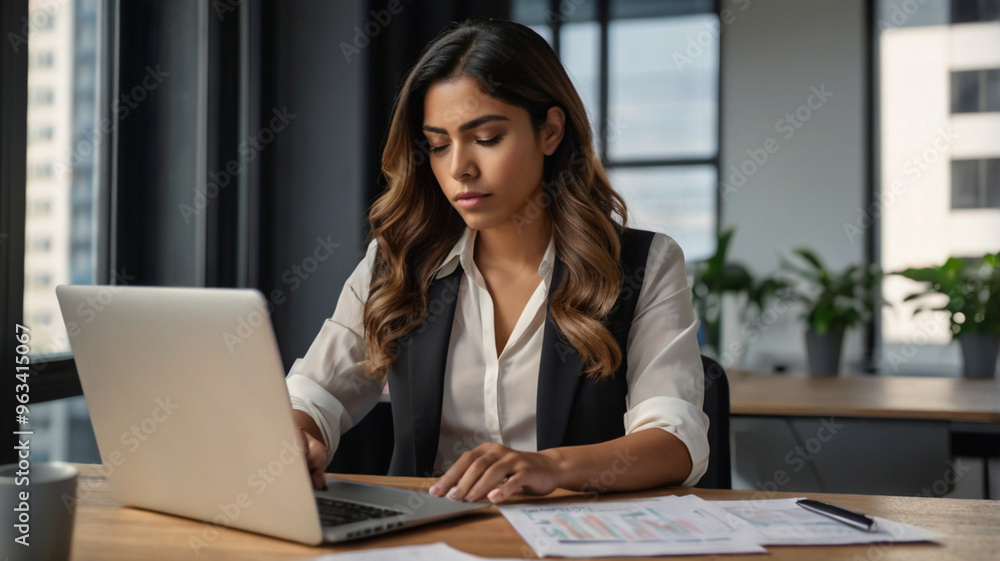 A businesswoman in a sleek office environment, concentrating on her laptop screen while managing multiple tasks A businesswoman in a sleek office environment, concentrating on her laptop screen while managing multiple tasks
