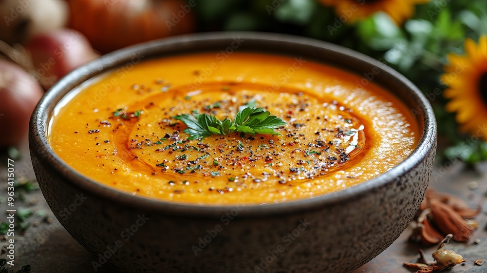 Pumpking soup ready to be served Pumpking soup ready to be served