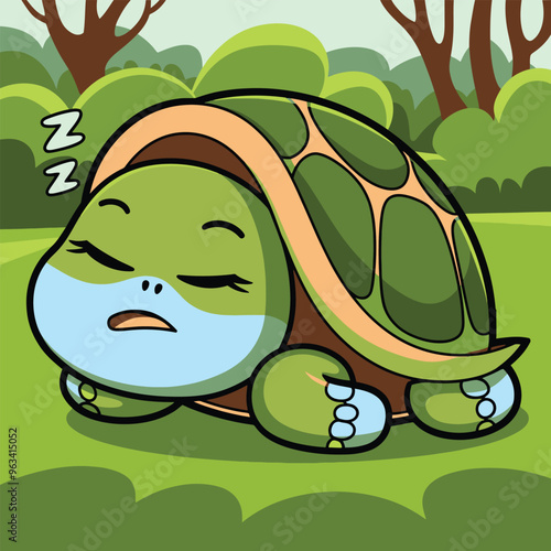 Cute cartoon turtle with a green shell and blue underbelly is sleeping in its shell