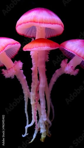 there are three jelly like jellyfishs with pink tentacles. photo