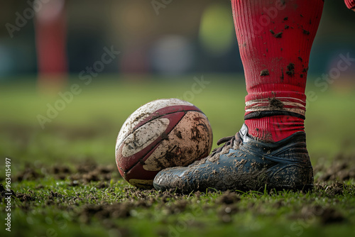 A muddy rugby player poised to kick the ball on a grassy field during an intense match