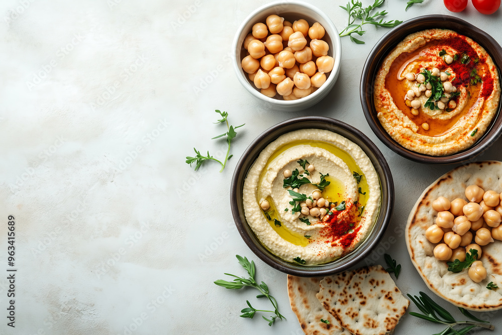 Creamy hummus topped with olive oil, chickpeas, and cherry tomatoes, served with warm pita and basil for a delightful meal Creamy hummus topped with olive oil, chickpeas, and cherry tomatoes, served with warm pita and basil for a delightful meal
