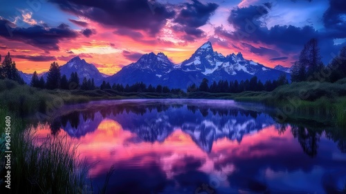 Grand Teton mountains reflected in a calm lake at dusk, with vibrant colors in the sky