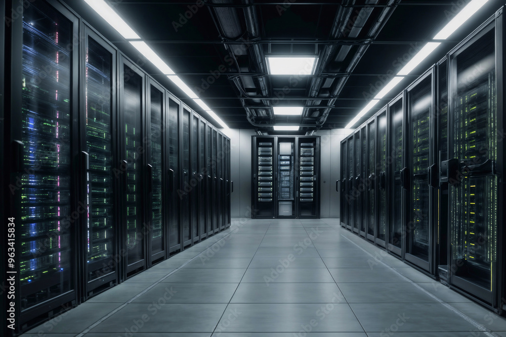 Data center with several rows of fully operational server racks. Modern telecommunications, cloud computing, artificial intelligence, database, supercomputer. Data center with several rows of fully operational server racks. Modern telecommunications, cloud computing, artificial intelligence, database, supercomputer.