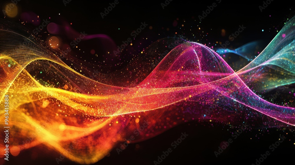 Illuminated Data Streams - Abstract Curved Lines of Color Representing Digital Connections and Information Flow on a Dark Background Illuminated Data Streams - Abstract Curved Lines of Color Representing Digital Connections and Information Flow on a Dark Background