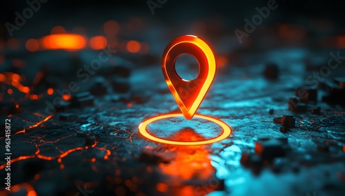 Glowing navigation pin on map, A vibrant digital illustration of a glowing map pin on a textured map surface, representing navigation, location tracking, and technology themes.