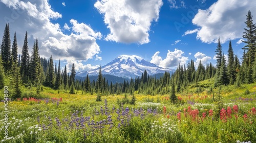 Majestic view of Mount Rainier, surrounded by lush evergreen forests and wildflower meadows