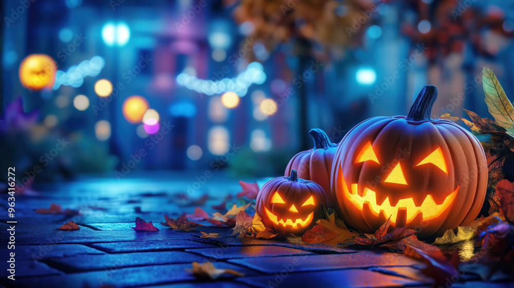 Obraz premium jack o lanterns halloween holiday orange pumpkin on the street in the dark background bokeh lights orange blue night decoration leaves on the ground