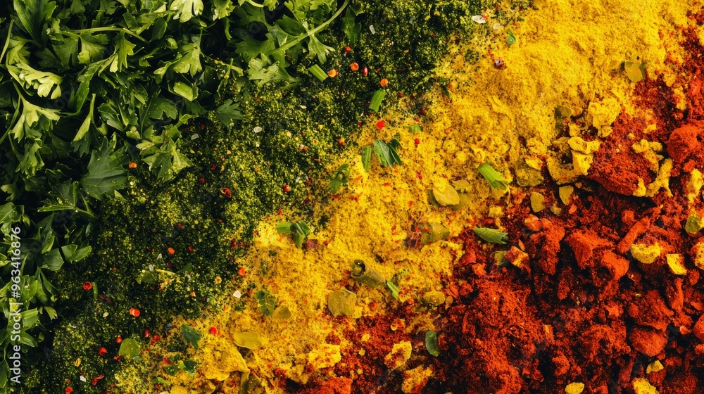 Vibrant spices and fresh herbs are combined in this overhead view, offering a burst of color and flavor for culinary creations Vibrant spices and fresh herbs are combined in this overhead view, offering a burst of color and flavor for culinary creations