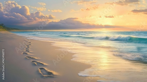 Beach at dawn with soft, pastel skies, gentle waves, and footprints in the sand leading to the water edge