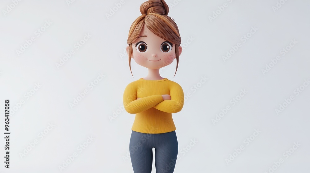 A cheerful animated girl with a bun hairstyle, wearing a yellow sweater and blue pants. A cheerful animated girl with a bun hairstyle, wearing a yellow sweater and blue pants.