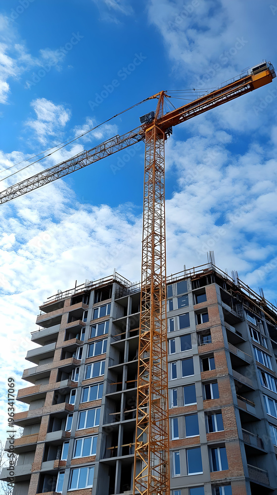 Photo of Construction Crane Towering Over Unfinished Building Under Blue Sky Photo of Construction Crane Towering Over Unfinished Building Under Blue Sky
