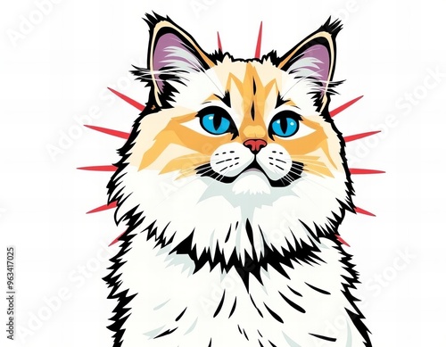 there is a cat with blue eyes and a red star on its head.