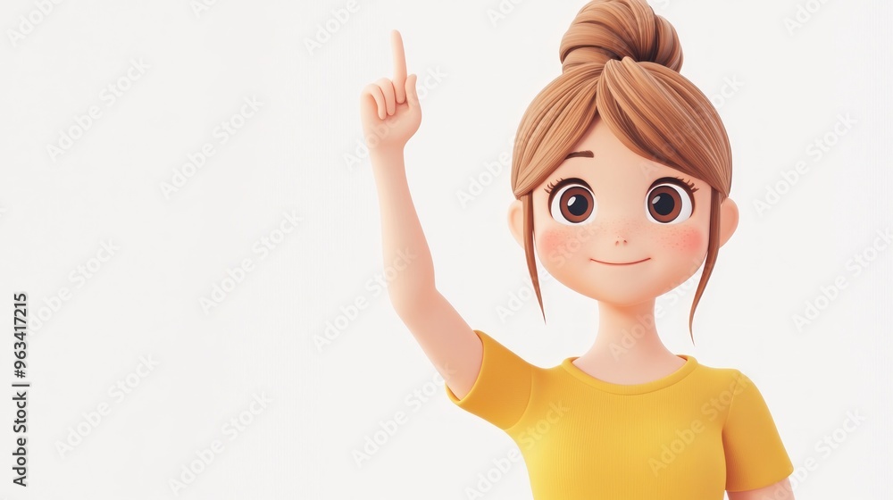 A cheerful animated girl with brown hair raises her hand, smiling, in a simple background. A cheerful animated girl with brown hair raises her hand, smiling, in a simple background.