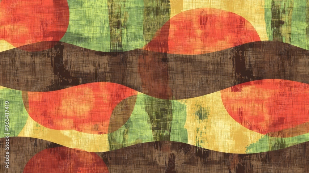 Abstract painting texture featuring a color palette of green, orange, yellow, and brown with a vintage grunge and worn effect Abstract painting texture featuring a color palette of green, orange, yellow, and brown with a vintage grunge and worn effect