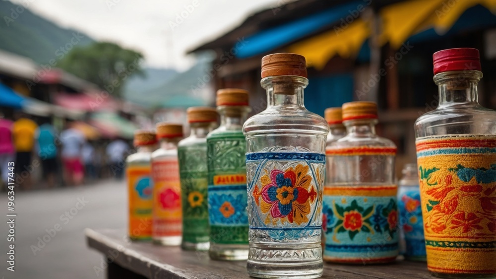 Aguardiente in a Vibrant Colombian Street Market with Traditional Decorations Aguardiente in a Vibrant Colombian Street Market with Traditional Decorations