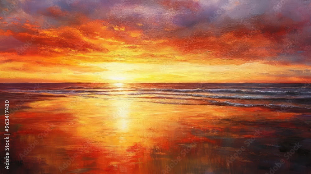 Sunset on a pristine beach, with the sky painted in deep oranges and reds, and the sea reflecting the warm colors