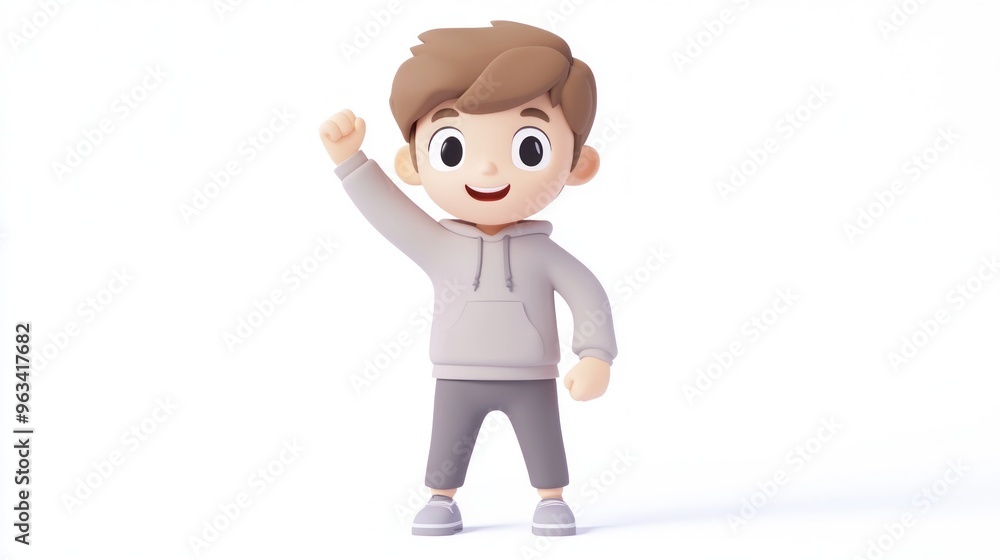 A cheerful cartoon boy in a hoodie, raising his fist in a celebratory pose. A cheerful cartoon boy in a hoodie, raising his fist in a celebratory pose.