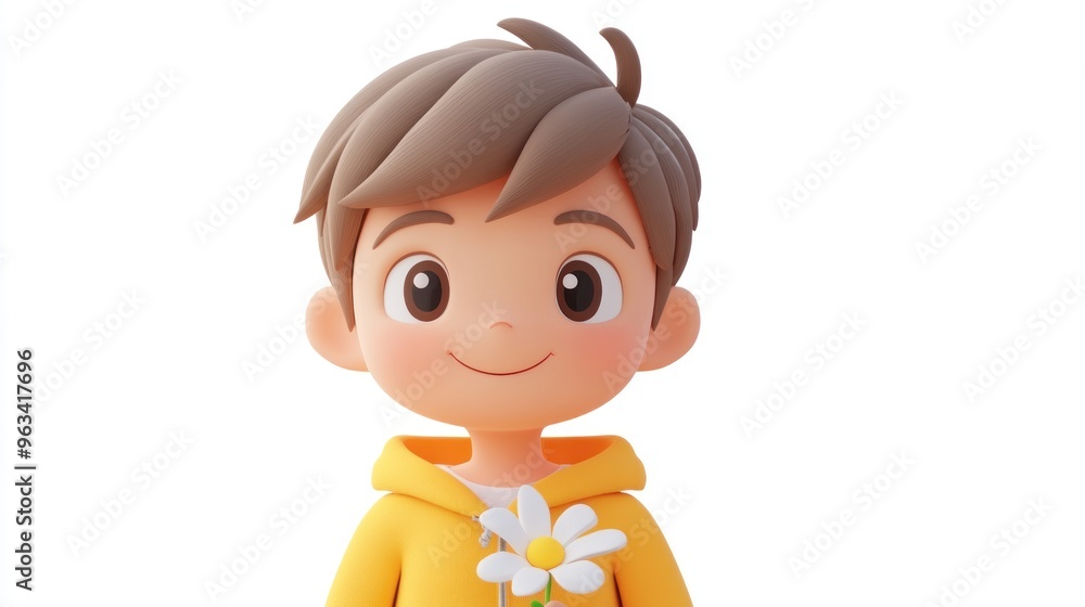 A cheerful cartoon boy in a yellow hoodie holding a daisy, exuding positivity. A cheerful cartoon boy in a yellow hoodie holding a daisy, exuding positivity.
