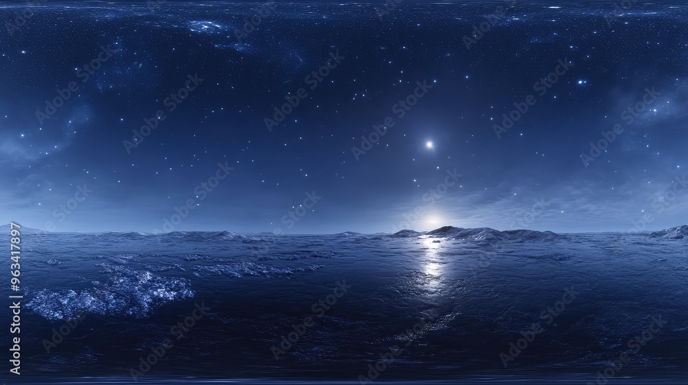 360-degree environment map of a starry night, with stars scattered in the upper left, soft lighting, and a calming blue background creating an elegant atmosphere 360-degree environment map of a starry night, with stars scattered in the upper left, soft lighting, and a calming blue background creating an elegant atmosphere
