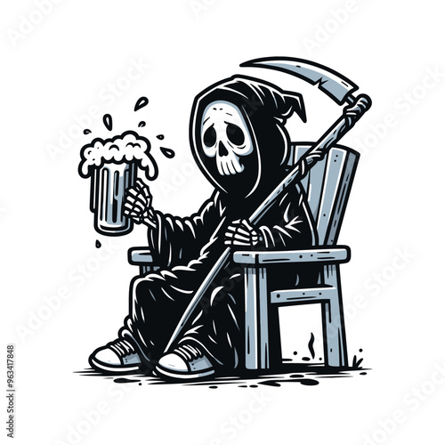 Grim Reaper hold Beer illustration