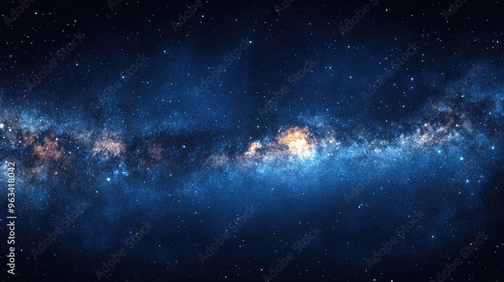 Obraz premium Equidistant projection panorama of a starry night, stars concentrated in the upper left, with soft lighting and a serene blue background