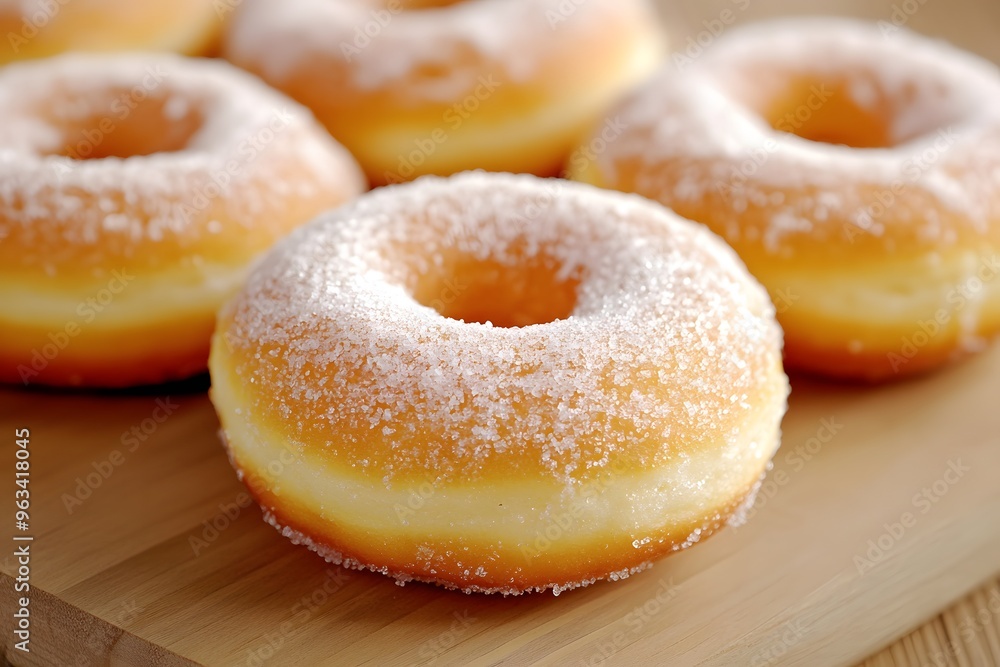 Close-up photo of doughnuts dusted with sugar, on a wooden board, with warm lighting Close-up photo of doughnuts dusted with sugar, on a wooden board, with warm lighting