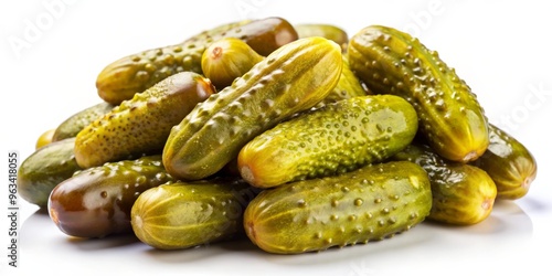 A Pile of Crunchy Dill Pickles on a White Background, Food Photography, Dill Pickles, Gherkins, Snack, Cucumber, Pickled photo