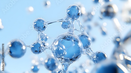 Close-up view of water molecules showcasing their unique structure and properties, reflecting light against a soft blue background.