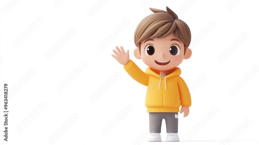 A cheerful cartoon boy in a yellow hoodie waves, embodying friendliness and approachability. A cheerful cartoon boy in a yellow hoodie waves, embodying friendliness and approachability.