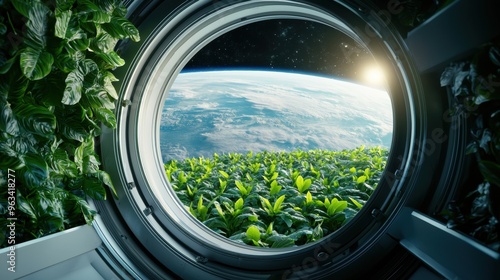 View from inside a greenhouse on an orbiting space station, crops growing with Earth visible in the background, realistic photograph,